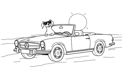 Dibujo lineal en blanco y negro de un perro con gafas de sol sentado en el capó de un coche descapotable clásico con el sol brillando en el fondo.
