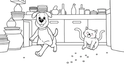 Página para colorear de un perro con delantal corriendo y un gatito sonriente en una cocina con estantes llenos.