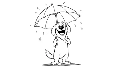 Dibujo para colorear de un perro sonriente con orejas caídas sosteniendo un paraguas redondo bajo la lluvia, con gotas de agua cayendo.