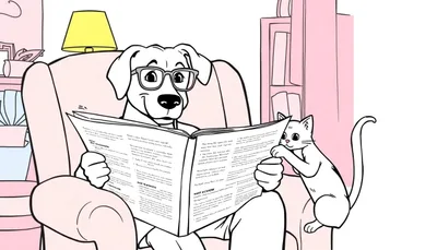Ilustración para colorear de un perro con gafas leyendo un periódico en un sillón rosa, junto a un gato blanco que también parece leer. Detrás hay un estante con libros rosados y una lámpara amarilla.