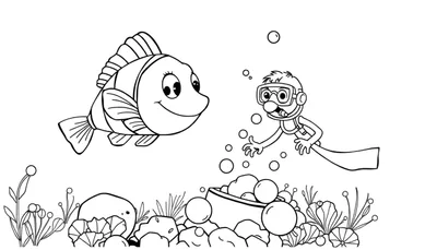 Página para colorear de un pez payaso sonriente interactuando con un buceador en un entorno submarino con rocas y algas.