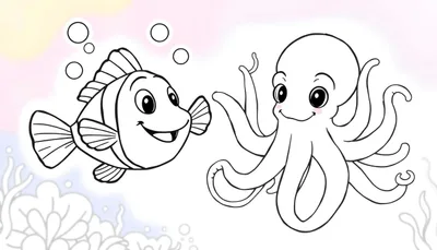 Página para colorear de un pez payaso y un pulpo en blanco y negro, con burbujas y algas de fondo.
