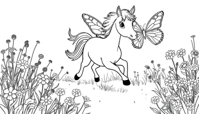 Dibujo para colorear de un poni alado con alas de mariposa y una mariposa en su hocico, rodeado de flores y hierba.
