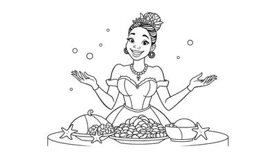 Dibujo para colorear de una princesa de dibujos animados con vestido, tiara y manos levantadas, frente a una mesa con comida decorada con estrellas de mar y burbujas flotantes.