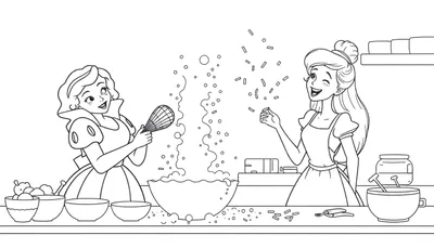 Dibujo lineal de Blancanieves y Aurora de Disney en una cocina, Blancanieves mezclando en un bol, Aurora lanzando confeti.
