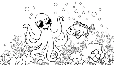 Dibujo para colorear de un pulpo con gafas de sol y un pez, rodeados de burbujas y corales.