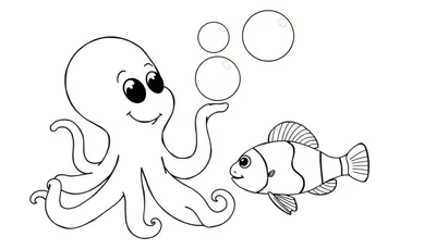 Dibujo a lápiz para colorear de un pulpo sonriente y burbujas, con un pez payaso observando.