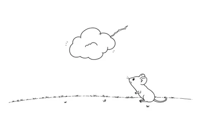 Página para colorear de un ratón mirando una nube con un rayo, sobre hierba.