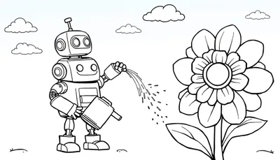 Página para colorear de un robot de dibujos animados vertiendo agua de una regadera sobre una flor grande, con nubes y hierba en el fondo.
