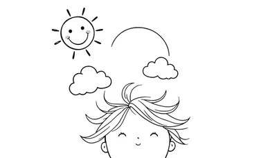 Dibujo lineal en blanco y negro de un sol sonriente con rayos, dos nubes, un arco y la cabeza de una persona feliz.