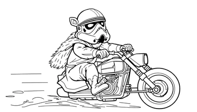Página para colorear de un Stormtrooper tierno con capa peluda montando una motocicleta chopper, con líneas de velocidad.