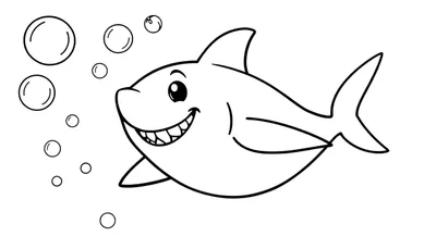 Página para colorear de un tiburón de dibujos animados sonriendo, con burbujas alrededor.