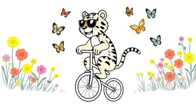 Página para colorear de un tigre blanco con gafas de sol en bicicleta, rodeado de mariposas y flores, sobre fondo blanco.