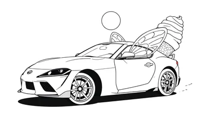Dibujo lineal en blanco y negro de un coche deportivo Toyota Supra con alas de hada y un gran helado saliendo de la parte trasera, con un círculo flotando encima.