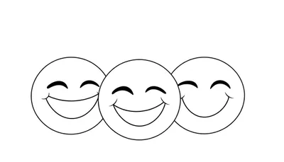 Tres caritas sonrientes para colorear, con ojos cerrados y grandes sonrisas, la del centro un poco más adelantada.