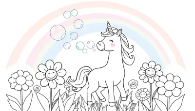 Unicornio de dibujos animados con crin y cola de colores, soplando burbujas de colores pastel rodeado de flores y un arcoíris en el fondo, listo para colorear.