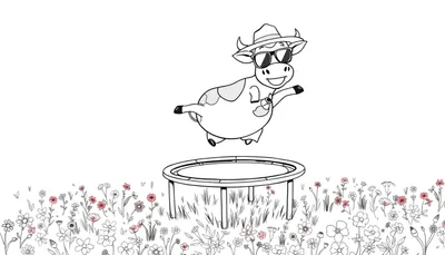Página para colorear de una vaca de caricatura sonriente con sombrero y gafas de sol saltando en un trampolín.