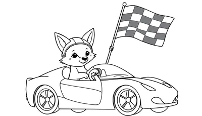 Zorro animado conduciendo un coche de carreras y ondeando una bandera a cuadros, para colorear.