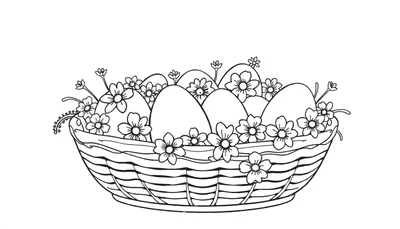 Página para colorear de una cesta de Pascua detallada con huevos y flores.