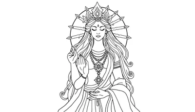 Dibujo lineal en blanco y negro de una figura femenina divina, con ojos cerrados, bindi en la frente, tocado elaborado, cabello largo, pendientes grandes, collares, pulseras, un halo y mudras en las manos.