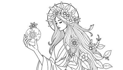 Página para colorear de una mujer con cabello largo y fluido, adornada con una corona de flores y hojas. Sostiene una esfera con un diseño floral tipo mandala. Estilo artístico detallado.