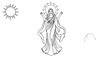 Dibujo lineal en blanco y negro de una mujer de pie con túnica, brazos levantados y un halo detrás de su cabeza, con un sol a la izquierda y formas abstractas a la derecha, listo para colorear.