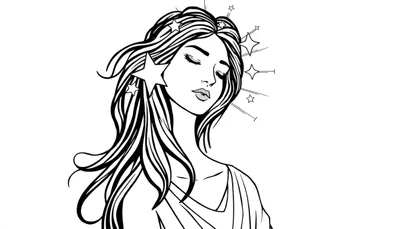 Dibujo lineal en blanco y negro de una mujer joven con cabello largo y ondulado, ojos cerrados y estrellas integradas en su melena y alrededor de su cabeza, estilo ilustración.