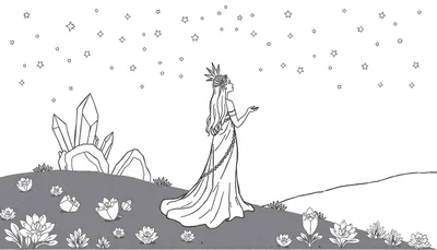 Página para colorear de una mujer de pie en un paisaje místico, con cristales, flores de loto y un cielo estrellado.