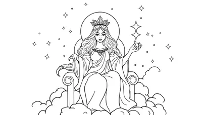 Dibujo de página para colorear de una mujer joven con corona sentada en un trono sobre nubes, creando estrellas con su mano derecha extendida.