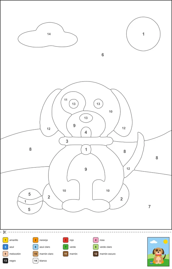 Ejemplo de dibujo para colorear por números: un cachorro con zonas numeradas y una leyenda de colores