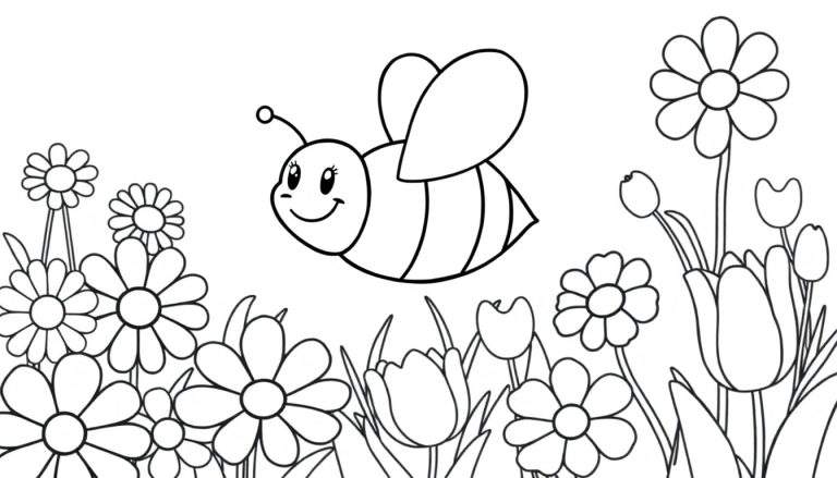 Placa de color de una abeja sonriente volando sobre flores coloridas.