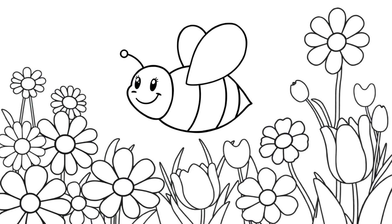 Placa de color de una abeja sonriente volando sobre flores coloridas.