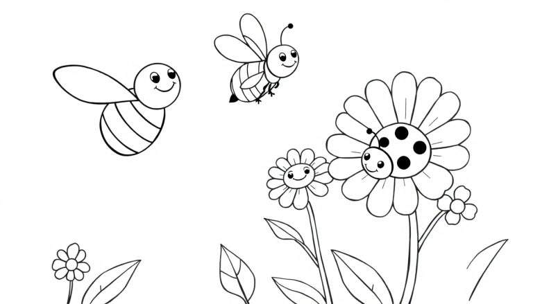 Página para colorear de abejas felices y flores. Incluye una placa de color.