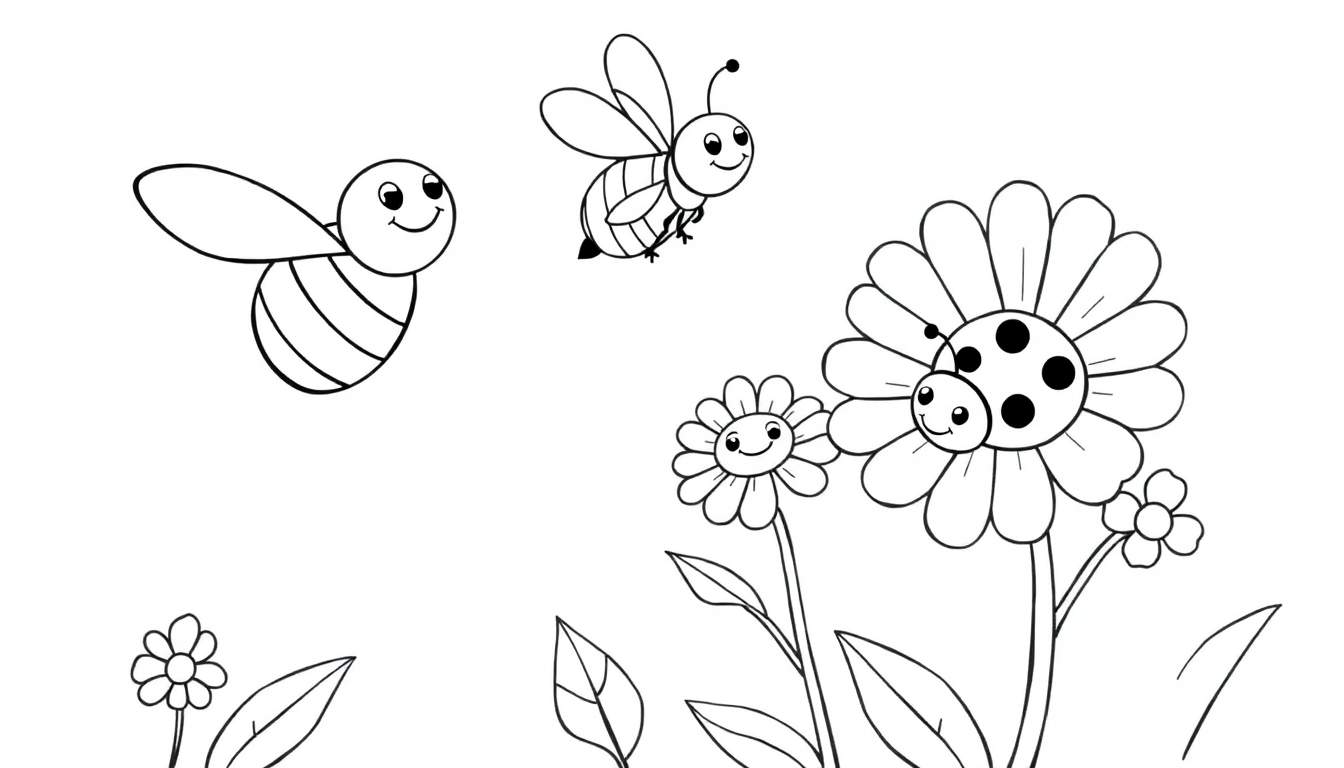Página para colorear de abejas felices y flores. Incluye una placa de color.