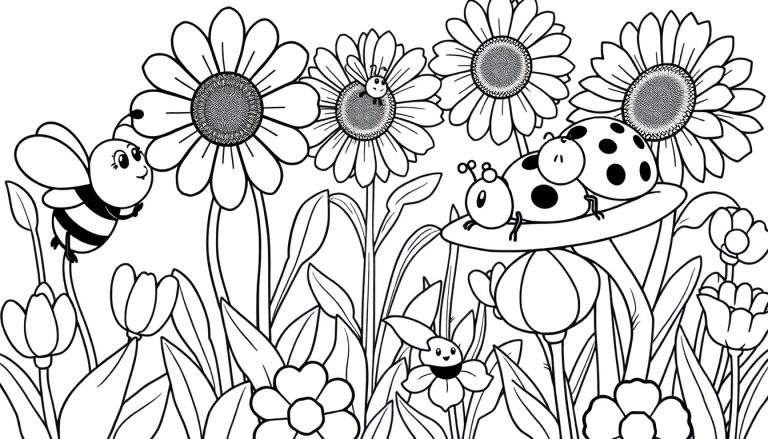 Página de colorear de primavera con abejas y flores, diseño de placa de color.