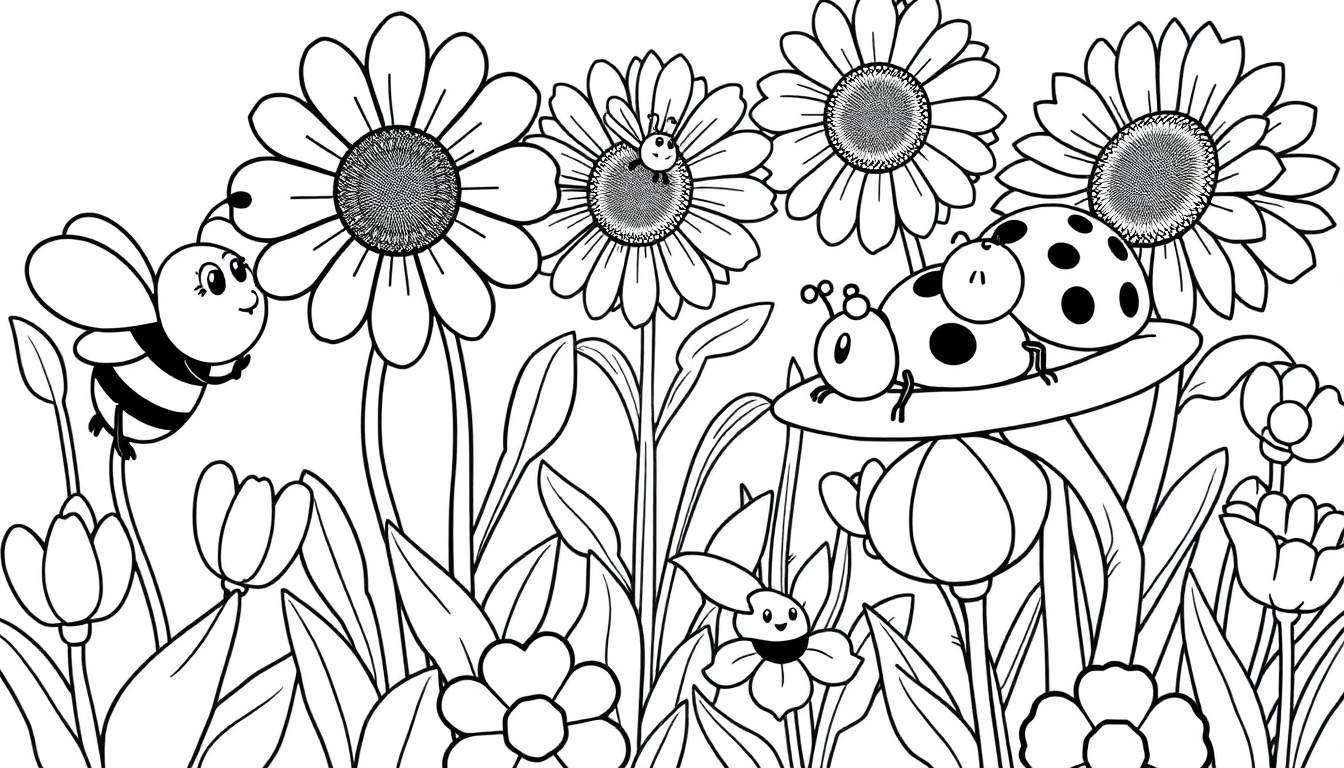Página de colorear de primavera con abejas y flores, diseño de placa de color.
