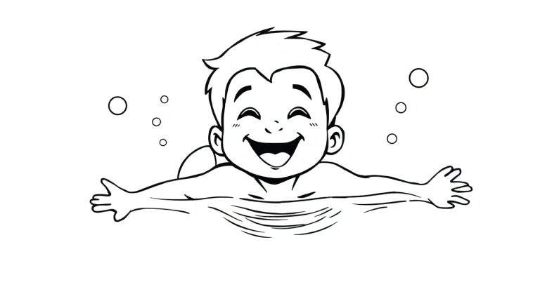 Niño sonriente en una página para colorear con placa de color.