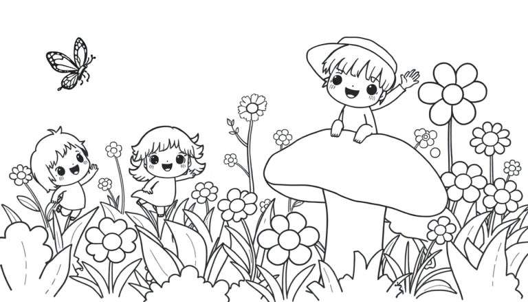 Página para colorear con adorables personajes Chibi saludando en un campo de flores, con una mariposa.