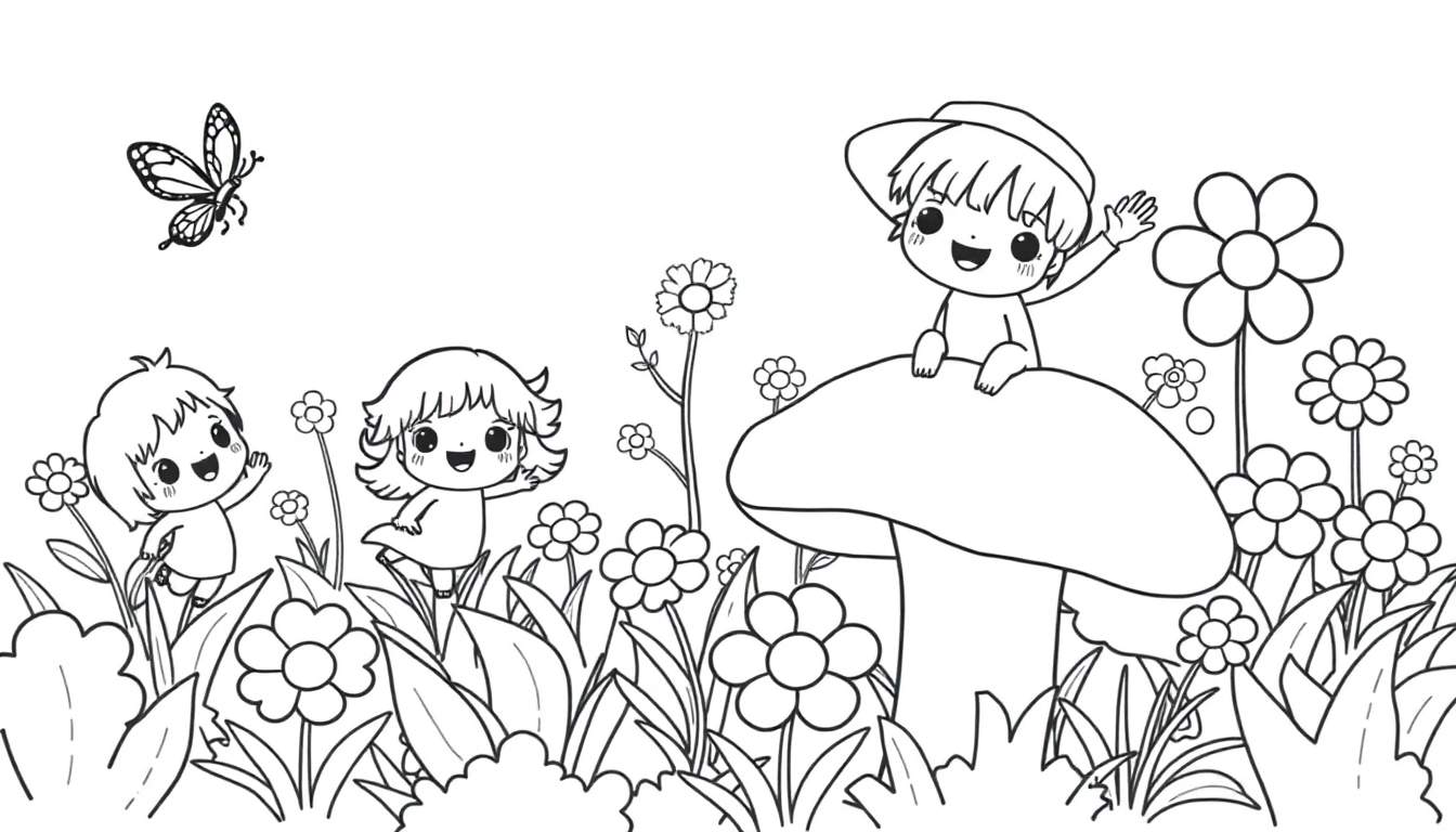 Página para colorear con adorables personajes Chibi saludando en un campo de flores, con una mariposa.