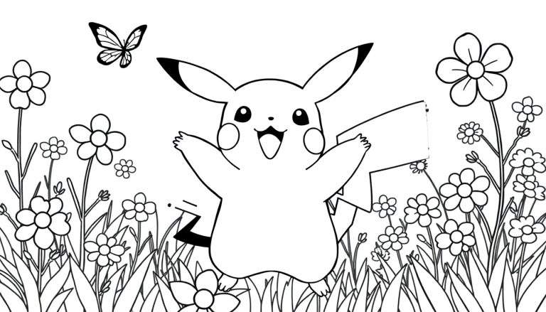 Pikachu sonriente en un campo de flores con una mariposa, listo para una placa de color.