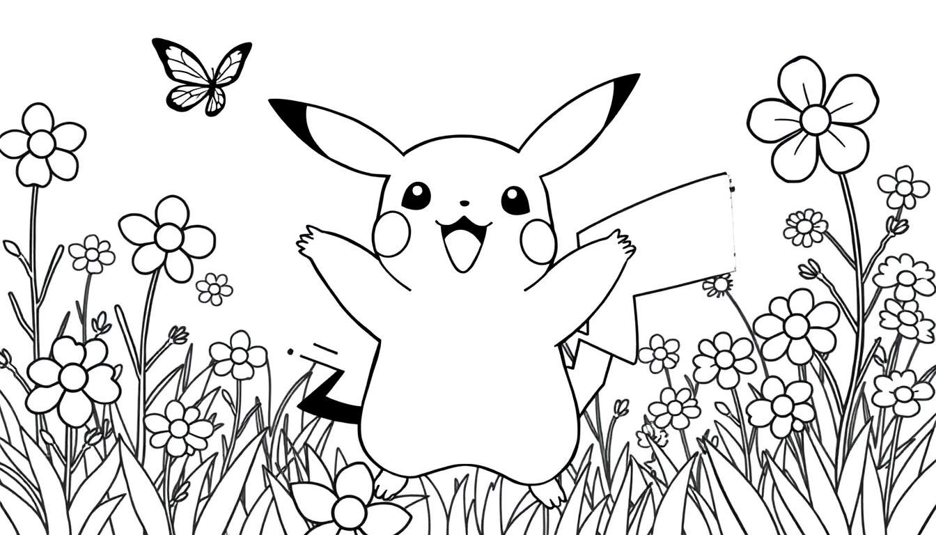 Pikachu sonriente en un campo de flores con una mariposa, listo para una placa de color.
