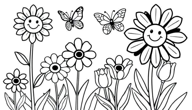 Placa de color con un jardín de flores sonrientes y mariposas revoloteando.