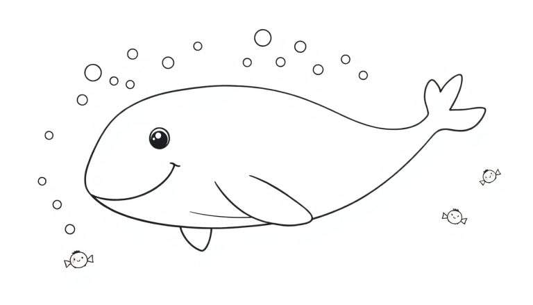 Placa de color de una ballena sonriente con burbujas y peces con peinados.