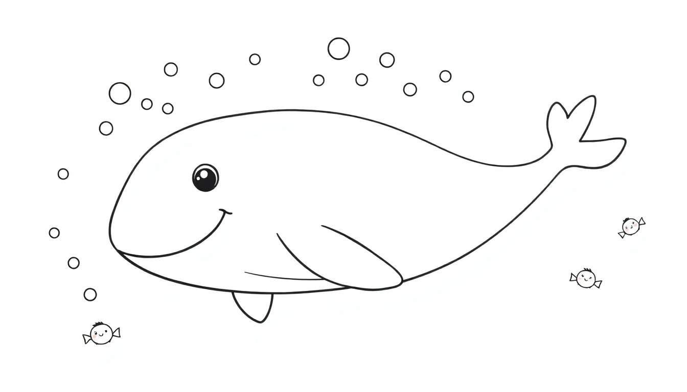 Placa de color de una ballena sonriente con burbujas y peces con peinados.