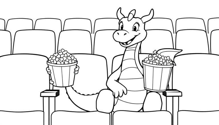 Un dragón amigable de dibujos animados sentado en una butaca de cine con palomitas en blanco y negro, listo para colorear.