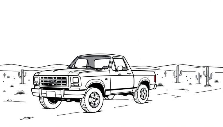 Camioneta Ford F-150 clásica en un paisaje desértico, lista para colorear con su placa de color.