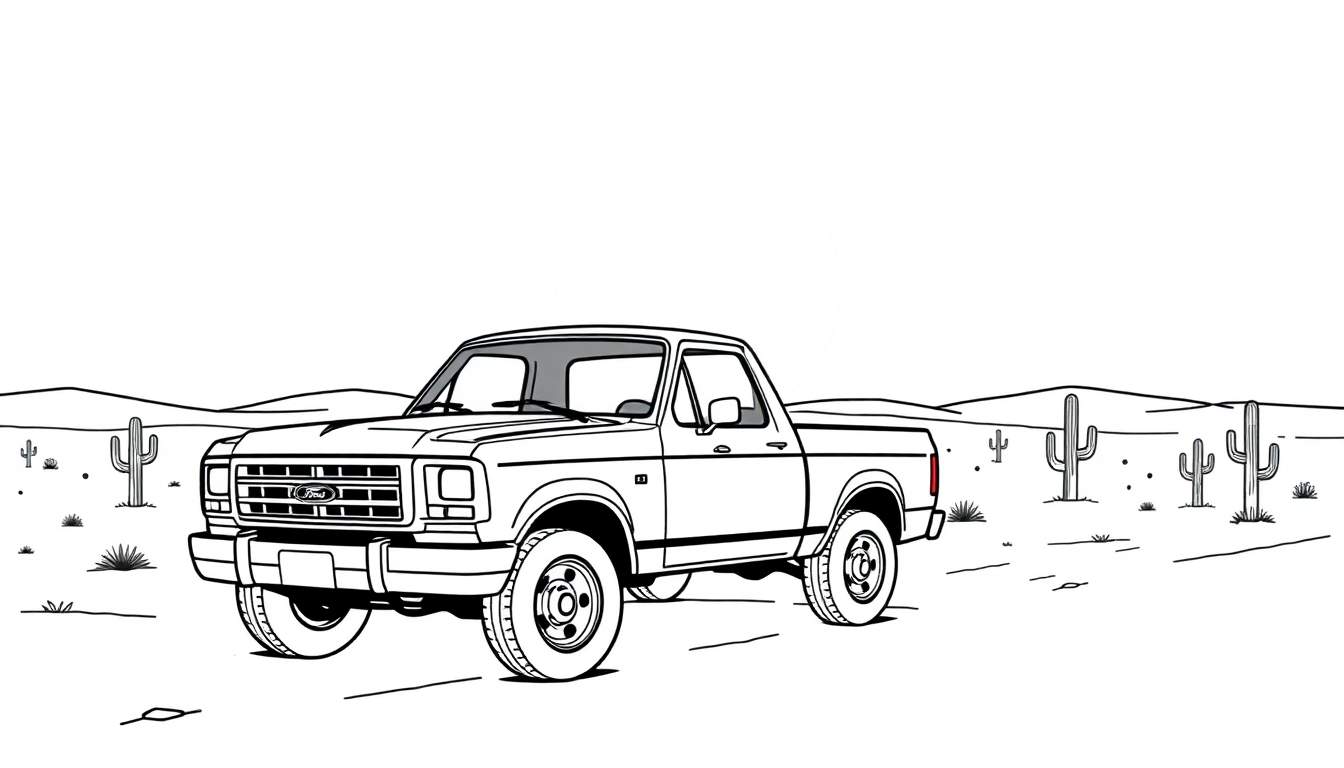 Camioneta Ford F-150 clásica en un paisaje desértico, lista para colorear con su placa de color.