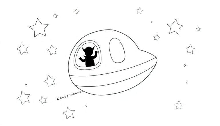 Un simpático alienígena saluda desde una nave espacial con gruesos contornos para colorear, rodeado de estrellas.