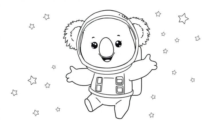 Placa de color de un koala astronauta flotando en el espacio.
