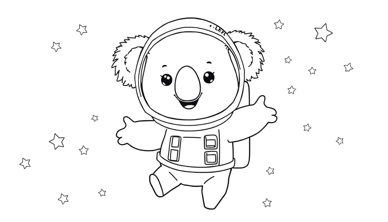 Placa de color de un koala astronauta flotando en el espacio.